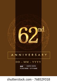 62nd anniversary poster design on golden and elegant background, vector design for anniversary celebration, greeting card and invitation card.