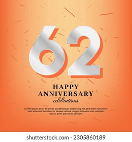 62nd anniversary vector template with a white number and confetti spread on an orange background