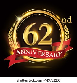 62nd golden anniversary logo, with shiny ring and red ribbon, laurel wreath isolated on black background, vector design