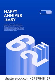 62nd Modern anniversary poster template featuring a bold 3d isometric number on a vibrant blue background.