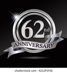 62nd silver anniversary logo with ring and ribbon. Vector design template elements for your birthday celebration.