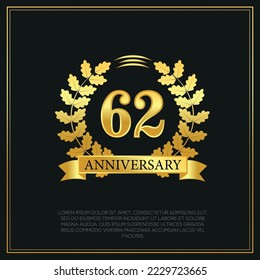 62nd  Year anniversary celebration background.  Golden numbers with gold ribbon, vector design.
