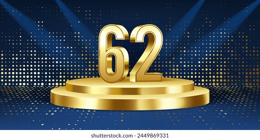 Fondo de celebración del 62º aniversario. Números 3D dorados en un podio redondo dorado, con luces de fondo.