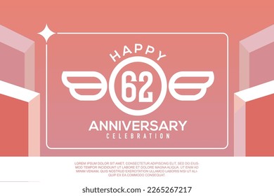 62nd year anniversary design letter with wing sign concept template design on pink background abstract illustration