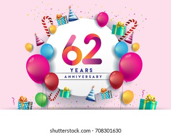 62nd years Anniversary Celebration Design with balloons and gift box, Colorful design elements for banner and invitation card.