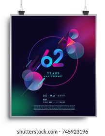 62nd Years Anniversary Logo with Colorful Galactic background, Vector Design Template Elements for Invitation Card and Poster Your Birthday Celebration.