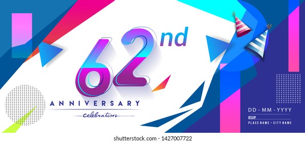 62nd years anniversary logo, vector design birthday celebration with colorful geometric background and circles shape.