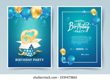 62nd years birthday vector invitation double card. Sixty two years wedding anniversary celebration brochure. Template of invitational for print on blue background