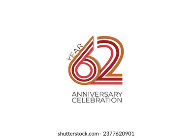 62th, 62 years, 62 year anniversary with retro style in 3 colors, red, pink and brown on white background for invitation card, poster, internet, design, poster, greeting cards, event - vector