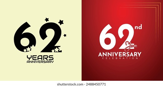 62th Anniversary celebration, 62 Anniversary celebration, Realistic 3d sign, stars, festive illustration, red background with Pink number 62 sparkling confetti, 62,63 
