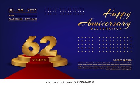 62th anniversary celebration vector template with 3D numbers style and golden stage, Vector template