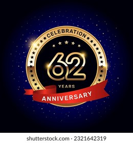 62th anniversary logo with gold numbers and red ribbon, vector template