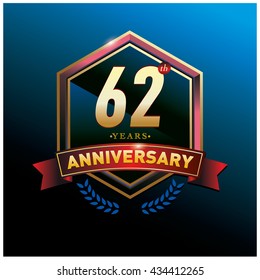 62th anniversary logo with gold ring and red ribbon. Anniversary signs illustration. Gold anniversary logo design and illustration