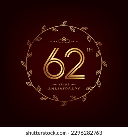 62th anniversary logo with golden number for celebration event, invitation, wedding, greeting card, banner, poster, flyer, book cover. Vector design