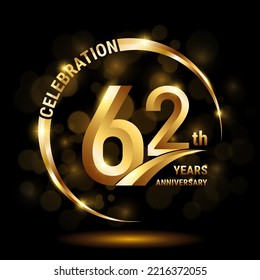 62. Jubiläumslogo, Template-Design für Jubiläumsfeier mit goldenem Ring und Text, Vektorgrafik