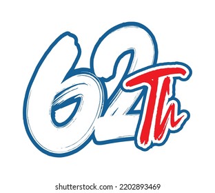 62th Ordinal Number counting vector art illustration with stunning font on red trim blue on white background