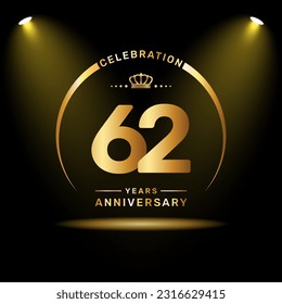 62th year anniversary celebration logo design with gold color number and ring, logo vector template