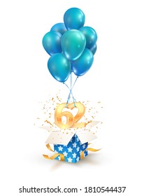 62th years celebrations. Greetings of sixty two anniversary isolated vector design elements. Open textured gift box with numbers and flying on balloons