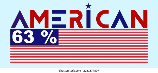 63% American sign label. Vector illustration with stylish font, red color, and blue background . American banner.