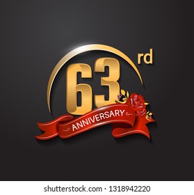 63 anniversary design logotype with golden swoosh, red ribbon and red rose. Vector template for use in celebration company event, greeting card, and invitation card