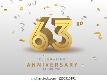 63 Anniversary gold numbers with golden confetti. Celebration 63rd anniversary event party template.