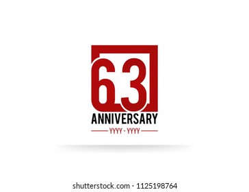 63 Anniversary logotype, simple red colored font number inside square isolated on white background