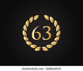 Vorlage für das 63-Jubiläumsring-Logo. 63-jähriges Logo mit goldenem Ring einzeln auf schwarzem Hintergrund, zum Geburtstag, Jahrestag und Firmenfeier