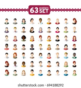 63 Avatars, women, and men heads in flat style!!! Business style people. Vector illustration