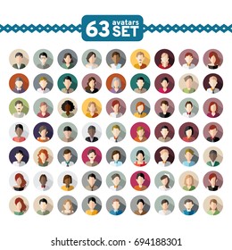 63 Avatars, women, and men heads in flat style!!! Business style people. Vector illustration