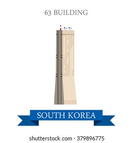 63 building in Seoul South Korea. Flat cartoon style historic sight showplace attraction web site vector illustration. World countries cities vacation travel sightseeing Asia collection.