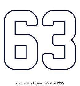 63 Classic Vintage Sport Jersey  Uniform numbers in black with a black outside contour line number on white background for American football, Baseball and Basketball or soccer