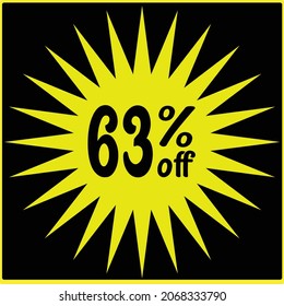 63% discount off , Black Friday, black Friday discounts, numbers with retail and store discounts, yellow icon and black background