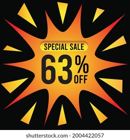 63% de descuento para oferta especial. Sesenta y tres por ciento fuera de banner en una salpicadura de oro