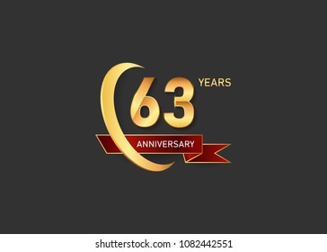 63 golden anniversary design logotype  with gold swoosh ring and red ribbon can be used  for celebration event, isolated on dark background