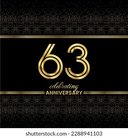 63 Golden Double Line Number. 63 Anniversary invitation cover with glitter separated by golden double lines on a black background