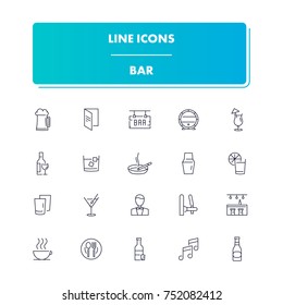 63. Line icons set. Bar pack. Vector illustration with drink and food elements for party