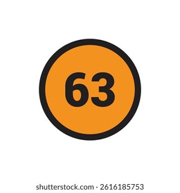 63 Number icon vector Orange Circle with Black design