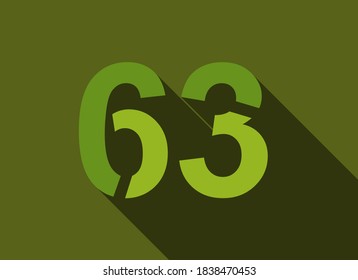63 Number with long shadow, green colors cutting style. For logo, brand label, design elements, corporate identity, application & more. Vector editable illustration.