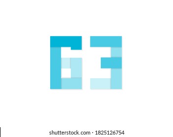 63 números, logotipo vectorial, fuente de diseño de corte de papel de tonos azules .Aislado sobre fondo blanco. Ilustración Eps105