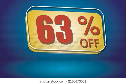 63, 63%, numeral 63 symbolizing the discount, 
on yellow plate and blue background with red number