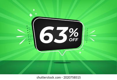 63% de descuento. Banner verde con un descuento del sesenta y tres por ciento en un globo negro para grandes ventas.