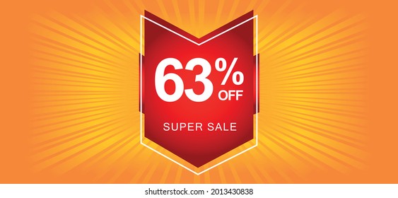 63% de descuento. Banner naranja con 63 por ciento de descuento en un globo rojo para mega ofertas.