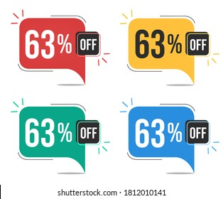 63% off. Red, yellow, green and blue tags with sixty-three percent discount. Banner with four colorful balloons with special offers vector.