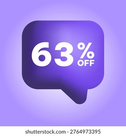 63% off. Sixty three percent discount 3d banner shape. Special offer speech bubble. Illustration for marketing promotion. Vector illustration 3d.