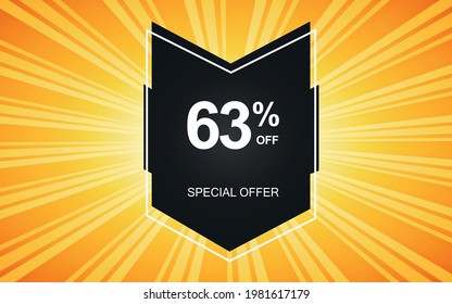 63% off. Yellow banner with sixty-three percent discount on a black balloon for mega offers.


