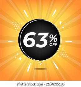 63% de descuento. Banner amarillo con un descuento del sesenta y tres por ciento en un globo negro para grandes ventas.
