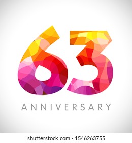 63 rd anniversary numbers. 63 years old yellow coloured logotype. Age congrats, congratulation idea. Isolated abstract graphic design template. Creative 3, 6 3D digits. Up to 63% percent off discount.