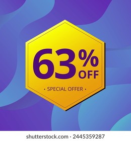 63% Sale and Discount Label. Sixty three percent Sale Discount label Geometric design. Abstract Blue and Yellow Hexagon. Vector illustration.