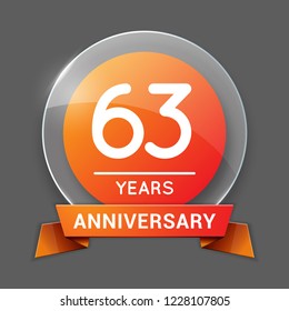 63 / Sixty Three Years Anniversary Logo with Glass Emblem Isolated. 63rd Celebration. Editable Vector Illustration.