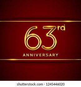 63 / Sixty Three Years Anniversary Logo with Shiny Golden Number on Red Background Isolated. 63rd Celebration Event. Can Use for Poster, Invitation and Greeting Card. Easily Editable Vector.